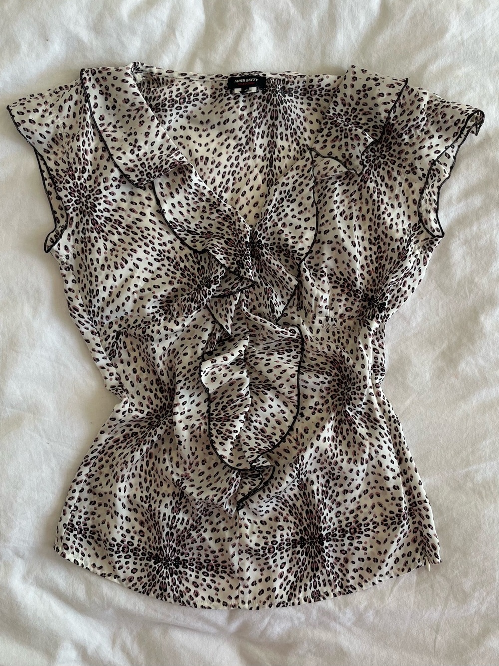 Y2K Miss Sixty Leopard Print Ruffle Front Blouse